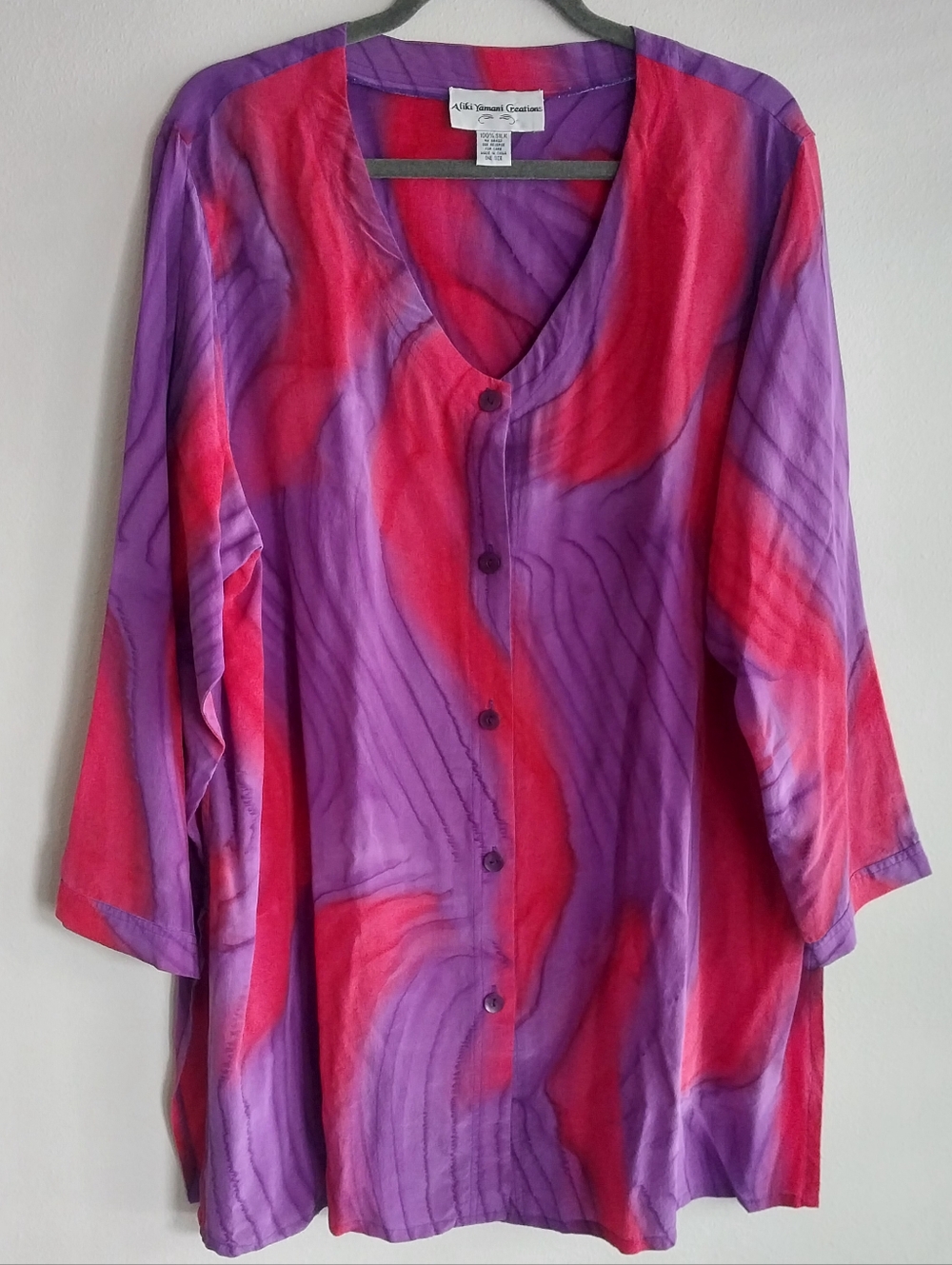 Aliki Yamani Creations Vintage 100% Silk Purple & Red Abstract Watercolor Tunic